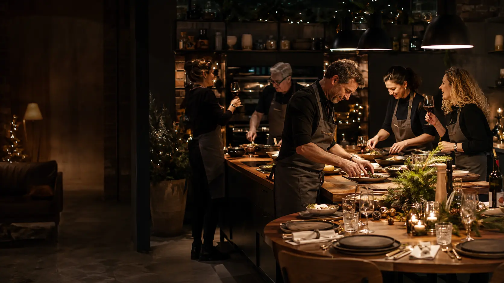 Team kocht gemeinsam bei einer Weihnachtsfeier in der Kochwerkstatt Wiesbaden